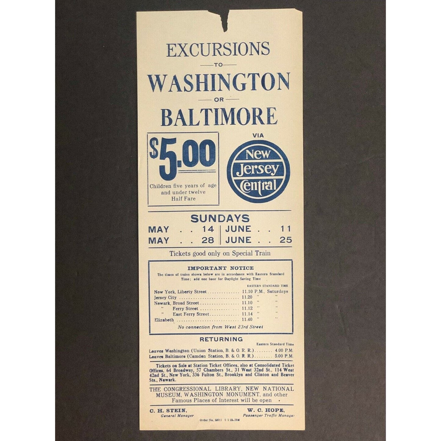 Vintage c1922 New Jersey Central RR Broadside Excursions Washington Baltimore