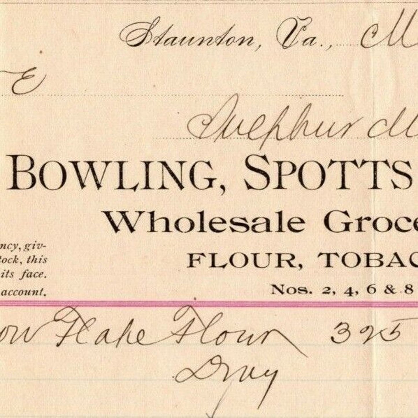 1894 Scarce Bowling, Spotts & Co Flour Cigars Billhead Letterhead Staunton, VA