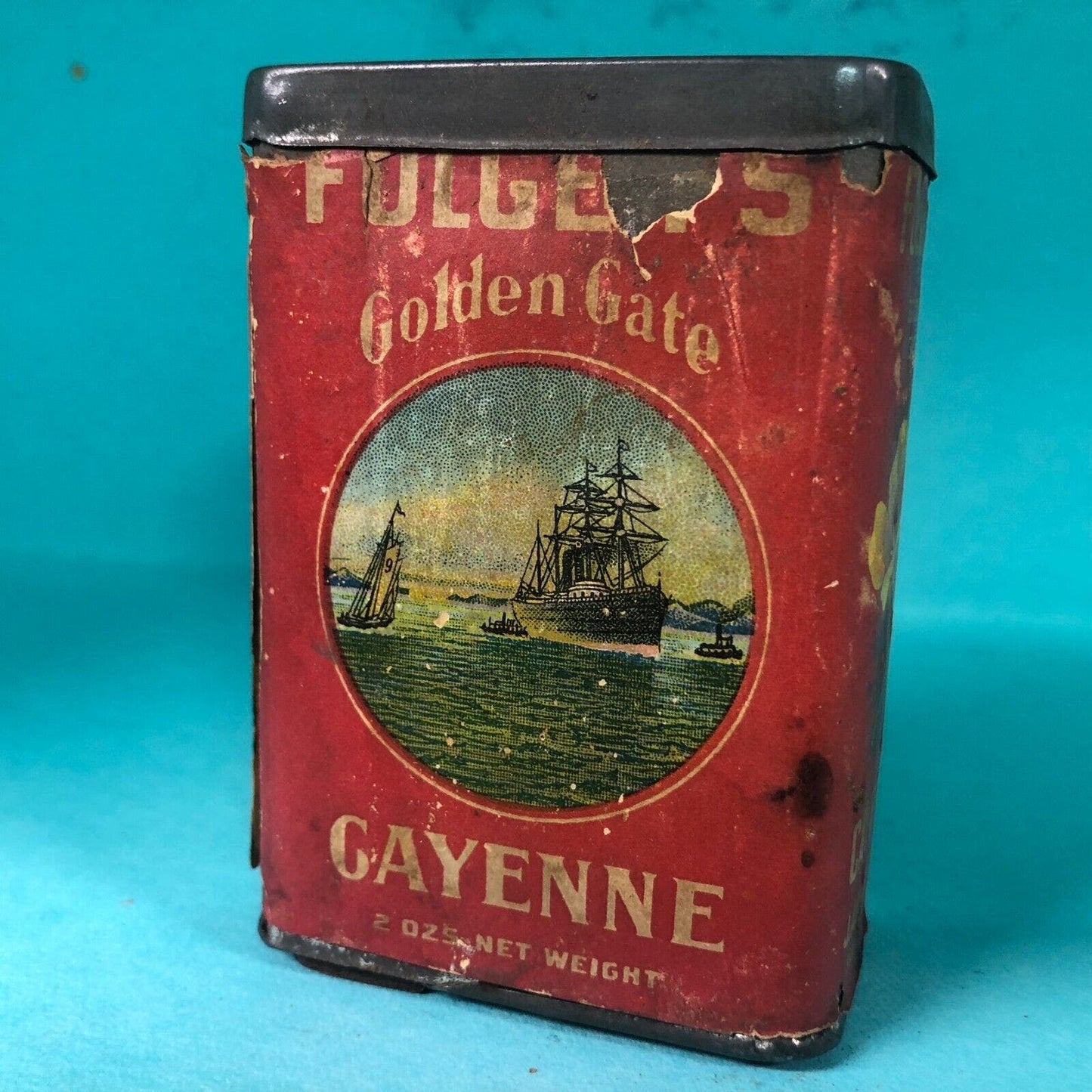 Folger's Golden Gate Cayenne Spice Tin 3 3/8"h c1910 Paper Label Scarce