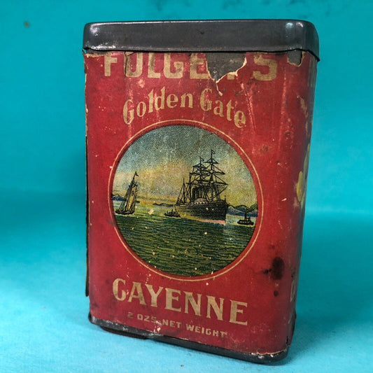 Folger's Golden Gate Cayenne Spice Tin 3 3/8"h c1910 Paper Label Scarce