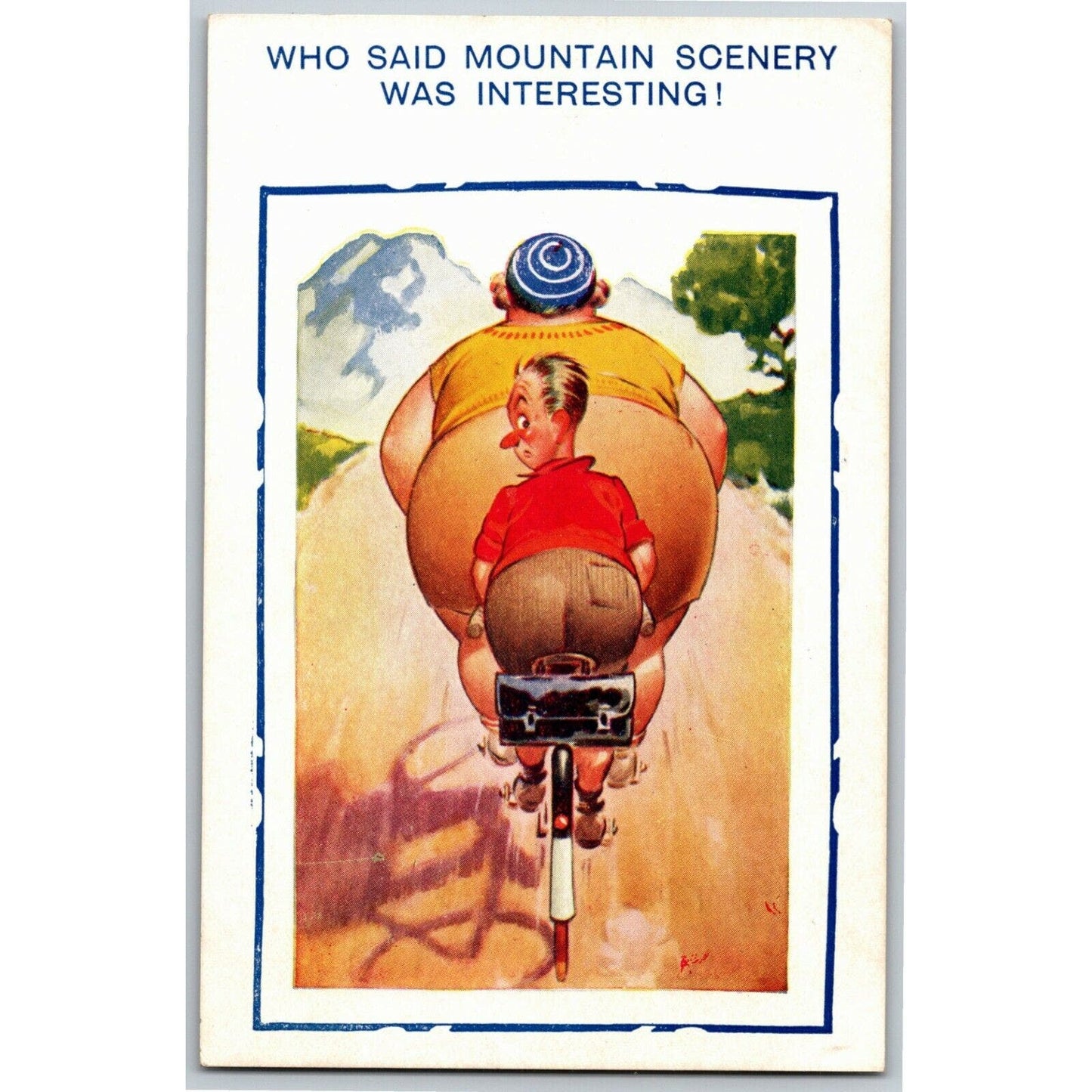 Vintage Humorous Postcard c1930's "Who Said Mountain Scenery..." Bicycle NP