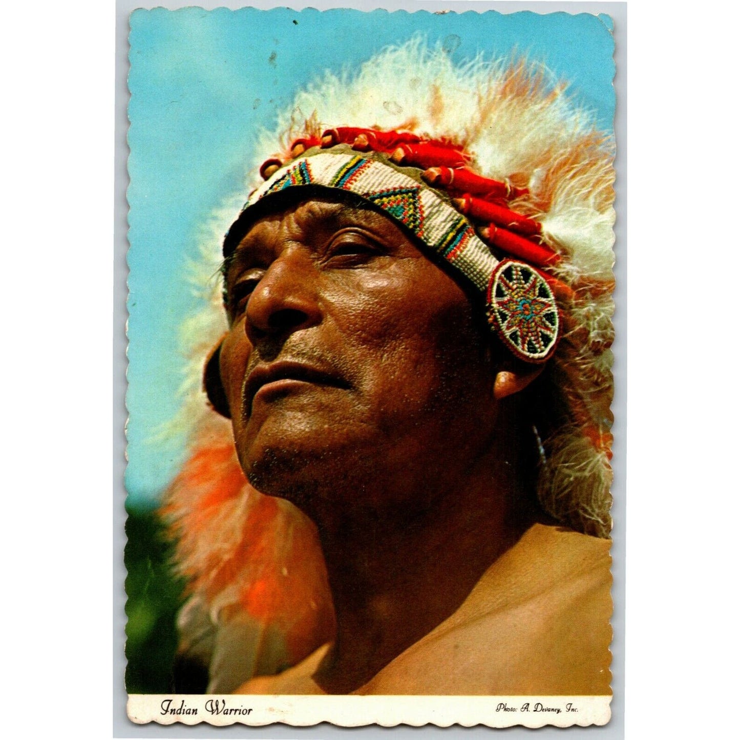 c1970's-80's "Indian Warrior" Scalloped 4" x 6" Unposted Postcard