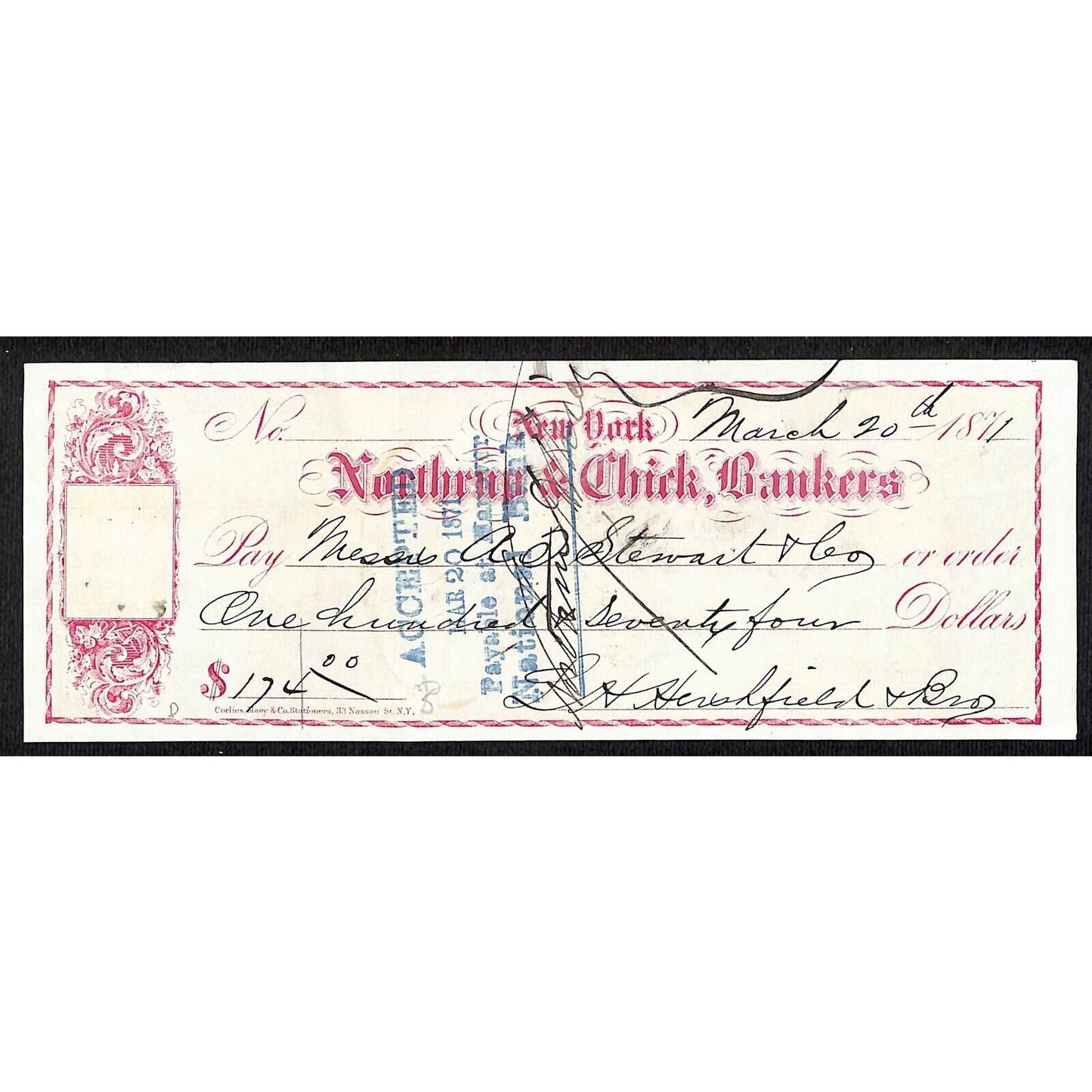 New York Northrup & Chick, Bankers 1871 Bank Check L.H. Hershfield*