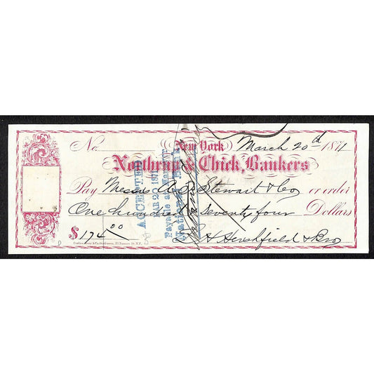 New York Northrup & Chick, Bankers 1871 Bank Check L.H. Hershfield*
