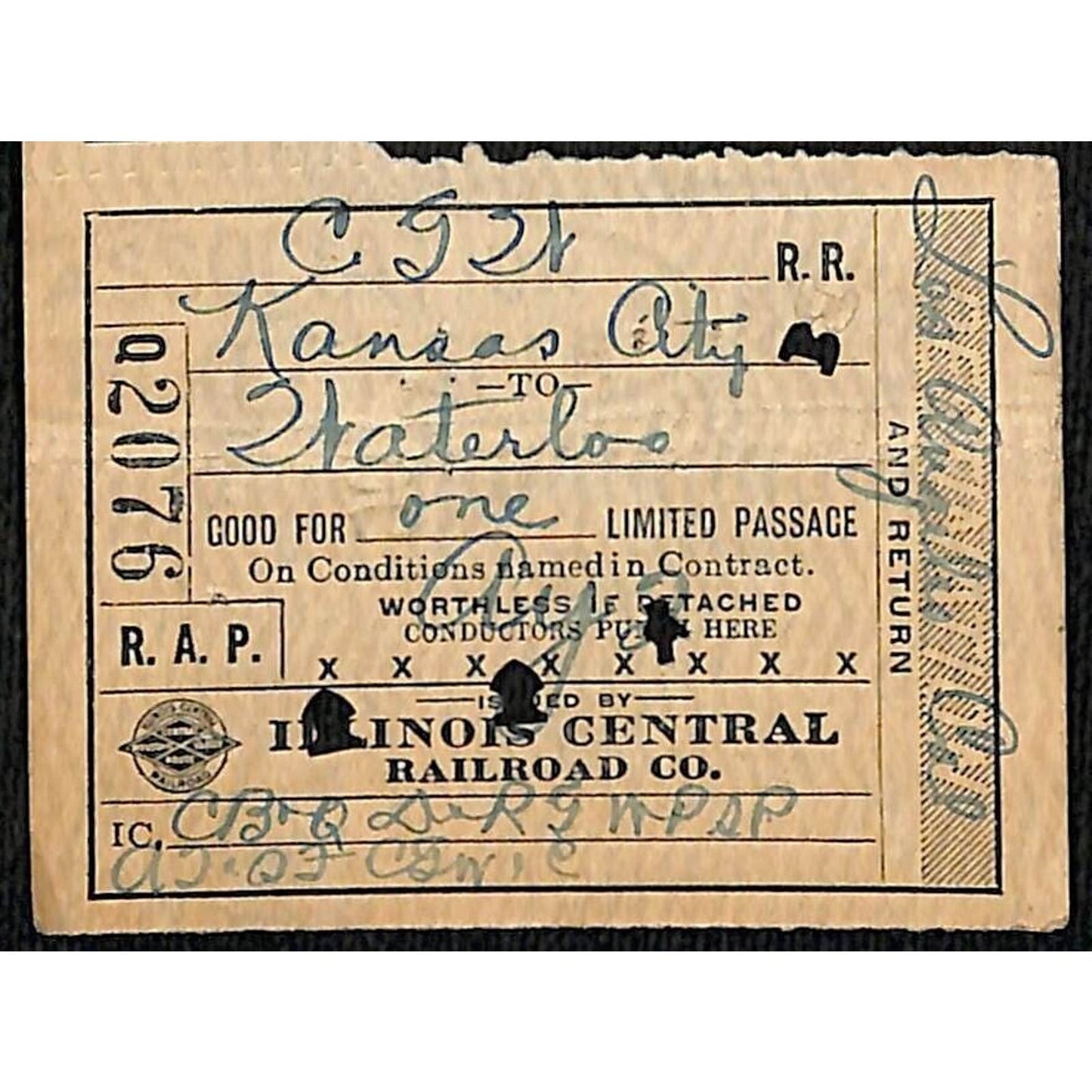 Illinois Central Railroad Ticket Kansas City Waterloo 1919 #2076