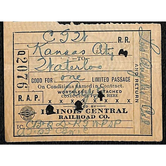 Illinois Central Railroad Ticket Kansas City Waterloo 1919 #2076