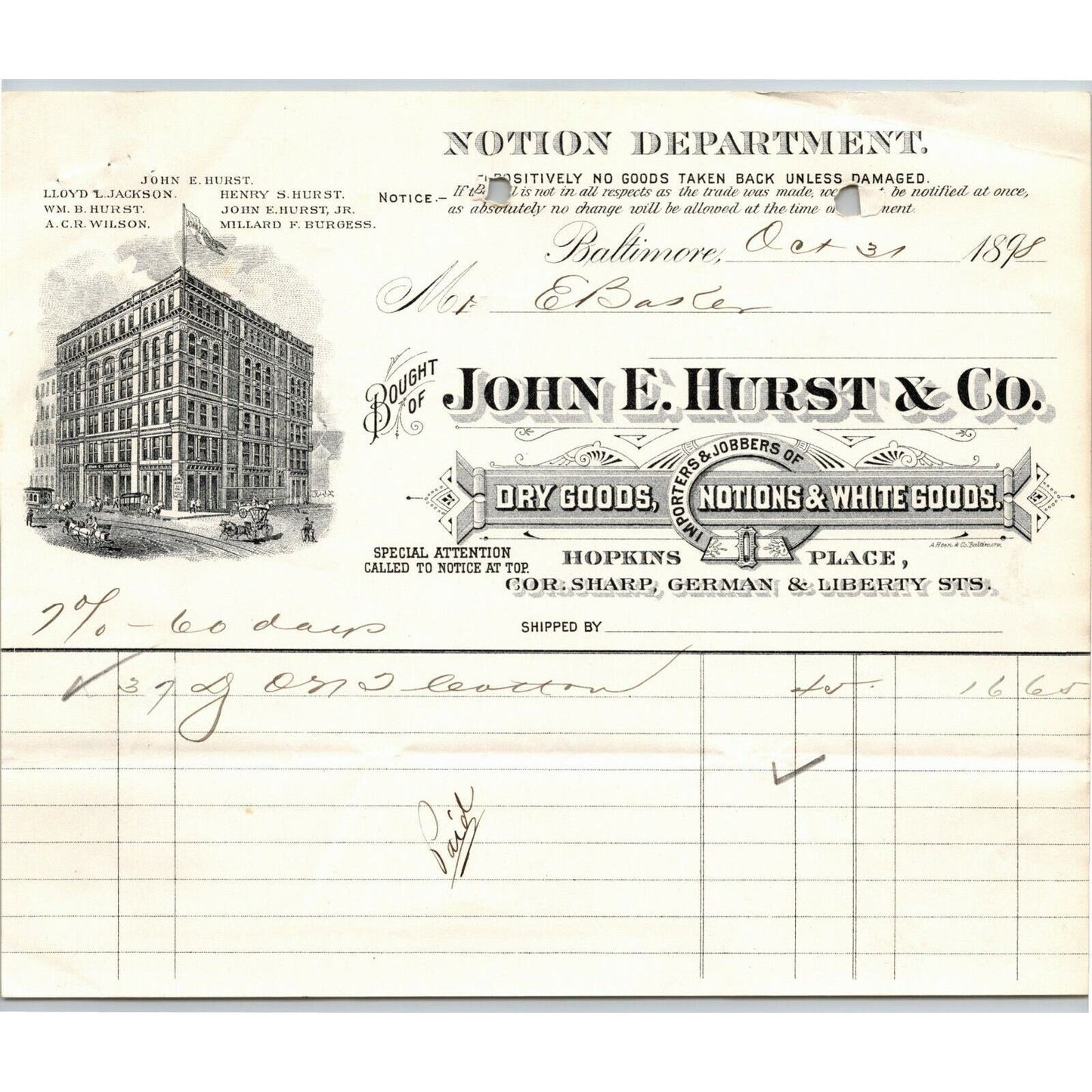 1898 $12.50 Letterhead Billhead John E. Hurst Dry Good Baltimore Ephraim Baker*
