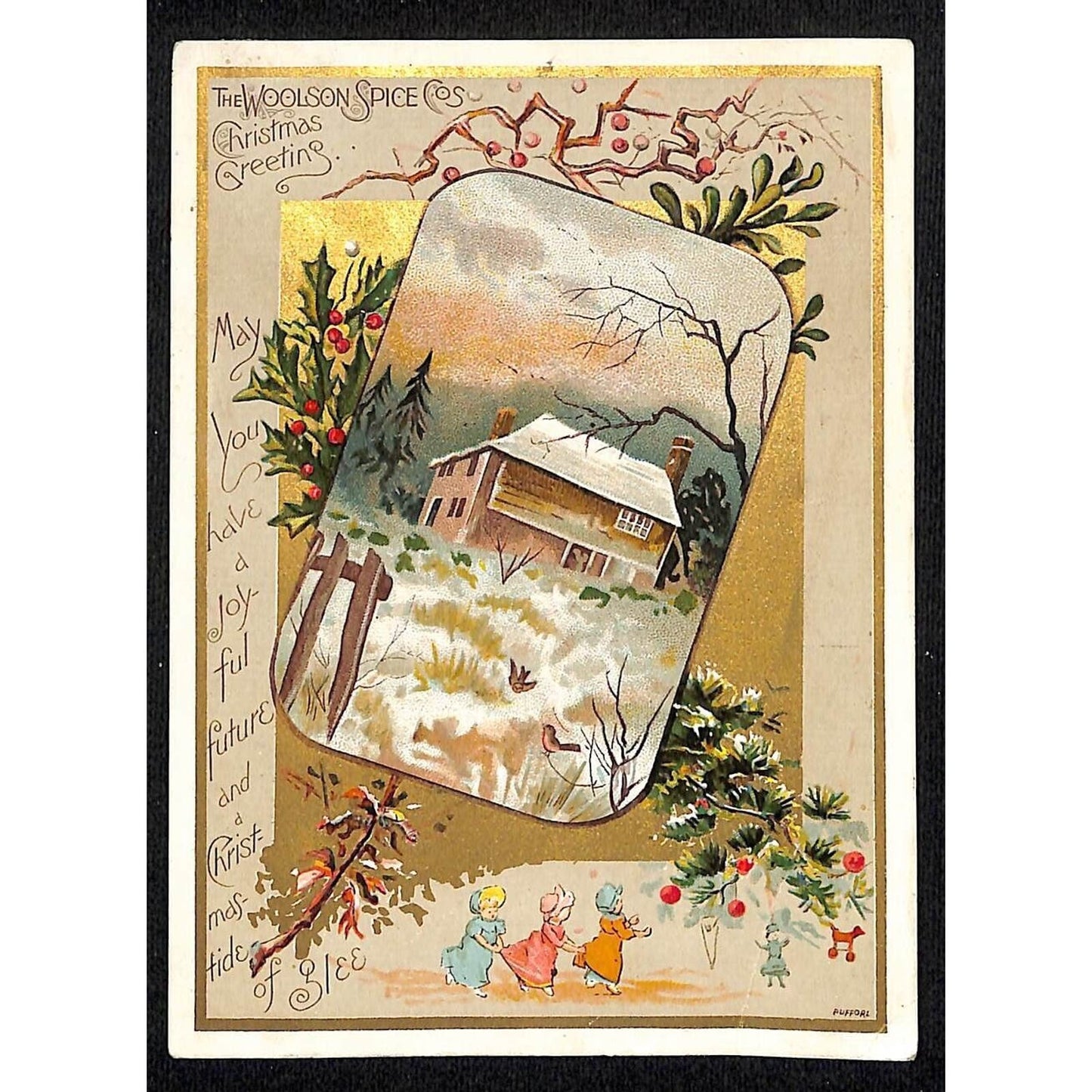 Woolson Spice Co. Christmas Wishes Victorian Trade Card Winter Home Scene