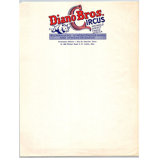 Diano Bros. Circus Letterhead c1953 Canton, OH "Animals from Africa" Very Scarce