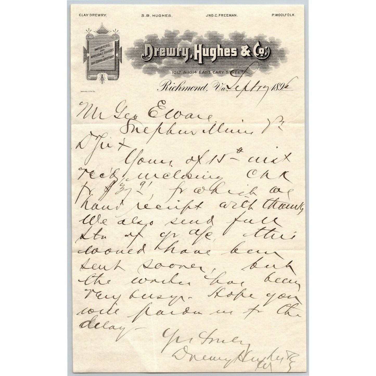 Drewry, Hughes & Co. (Dry Goods) Letterhead Richmond, VA to: Geo. E. Wear 1896