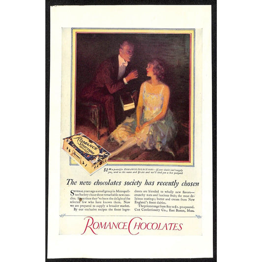 c1920's Romance Chocolates / Steinway Josef Hofmann Magazine Advertising Page