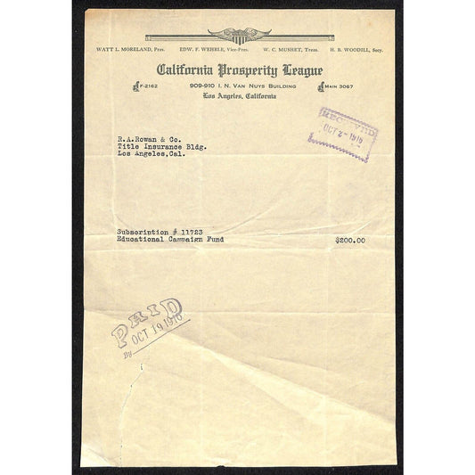 "California Prosperity League" Los Angeles 1916 Letterhead R.A. Rowan