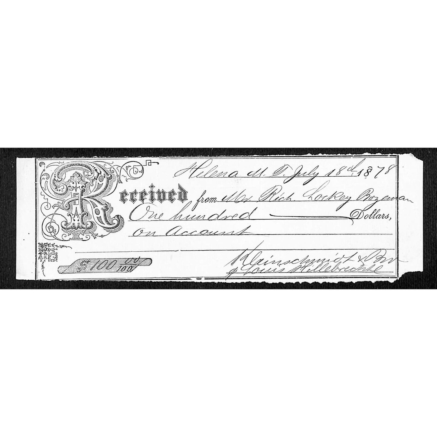 Helena Montana 1878 $100 - Richard Lockey Receipt / Billhead