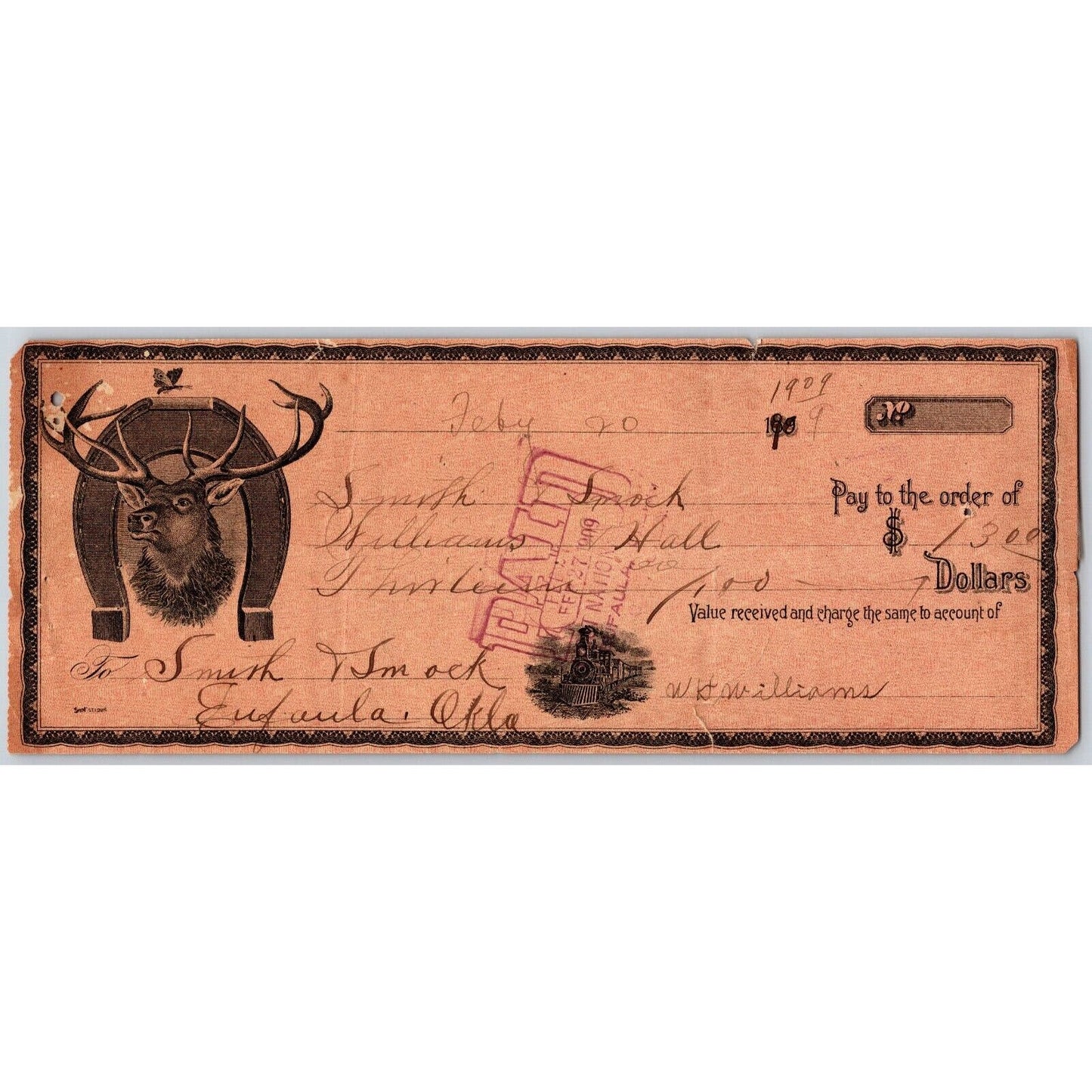 Eufaula Oklahoma 1909 Bank Check Illustrated Buck / Horseshoe / Train Vignette