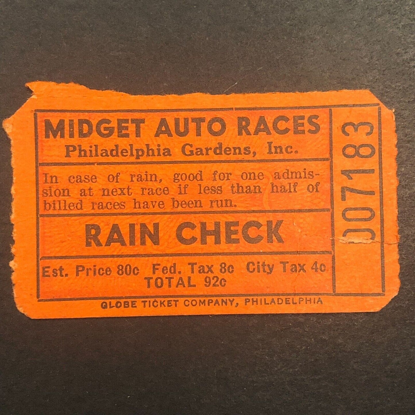 Midget Auto Racing Rain Check Ticket Tom Hinnershitz 1940 Philadelphia Gardens