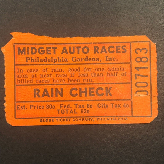 Midget Auto Racing Rain Check Ticket Tom Hinnershitz 1940 Philadelphia Gardens