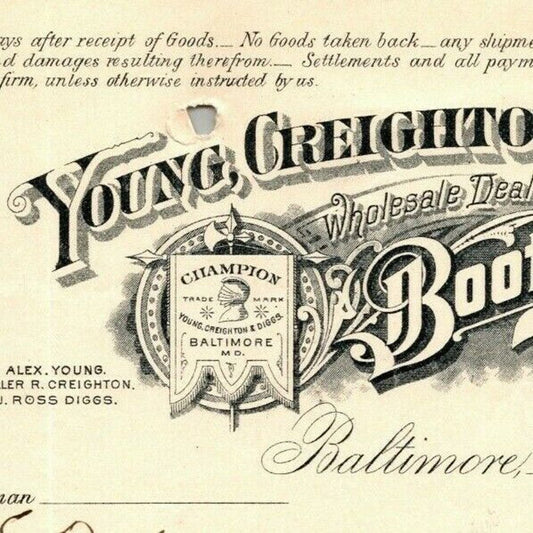 1897 Letterhead Young, Creighton & Diggs Boots Shoes Baltimore - Ephraim Baker*