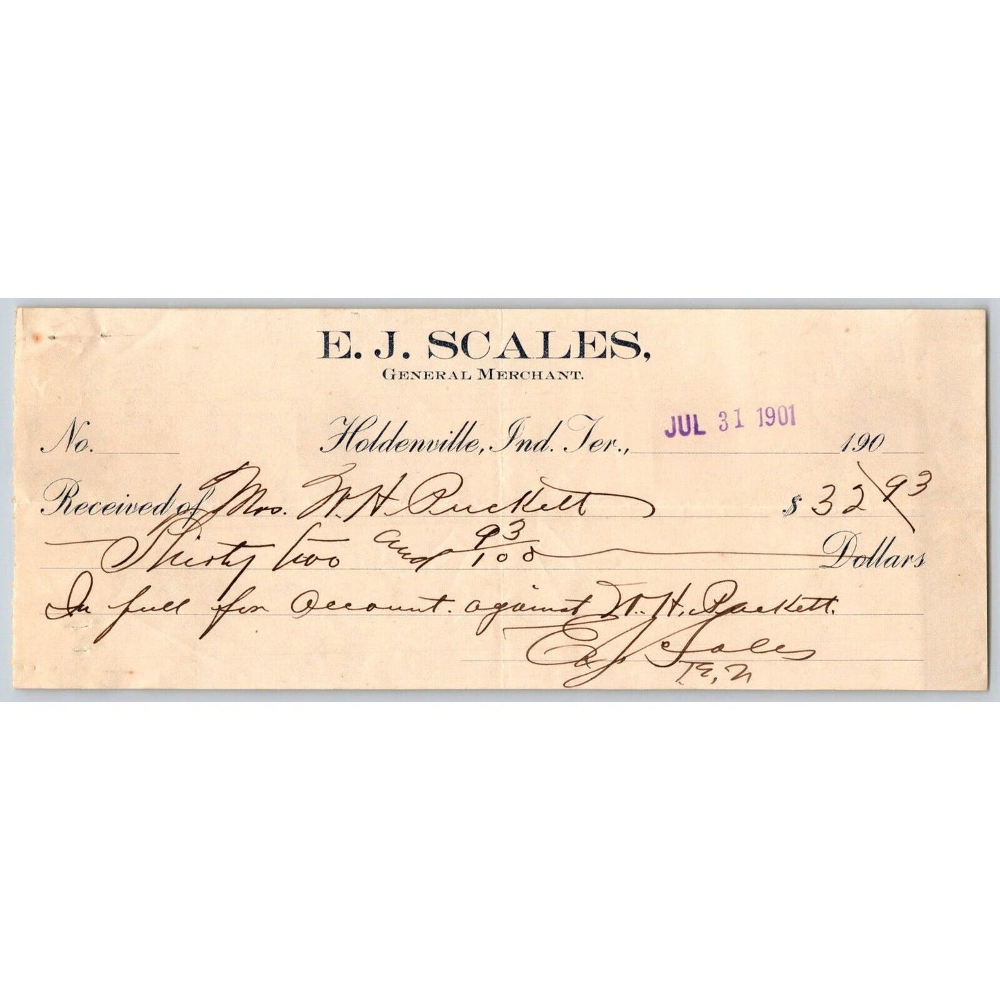 Holdenville, OK Indian Territory 1901 E.J. Scales General Merchant Receipt VGC
