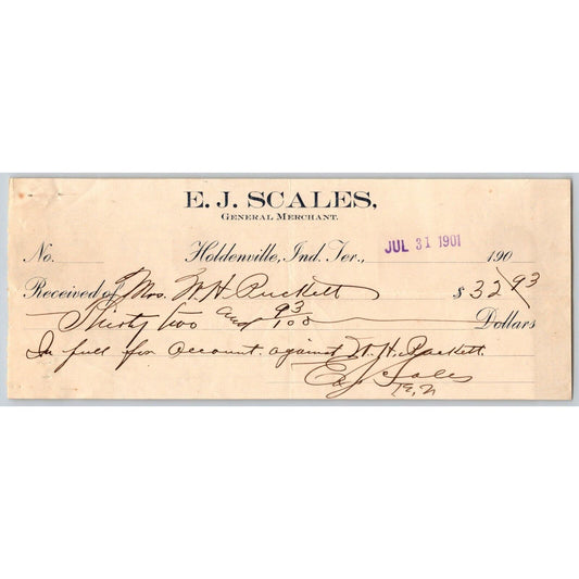 Holdenville, OK Indian Territory 1901 E.J. Scales General Merchant Receipt VGC