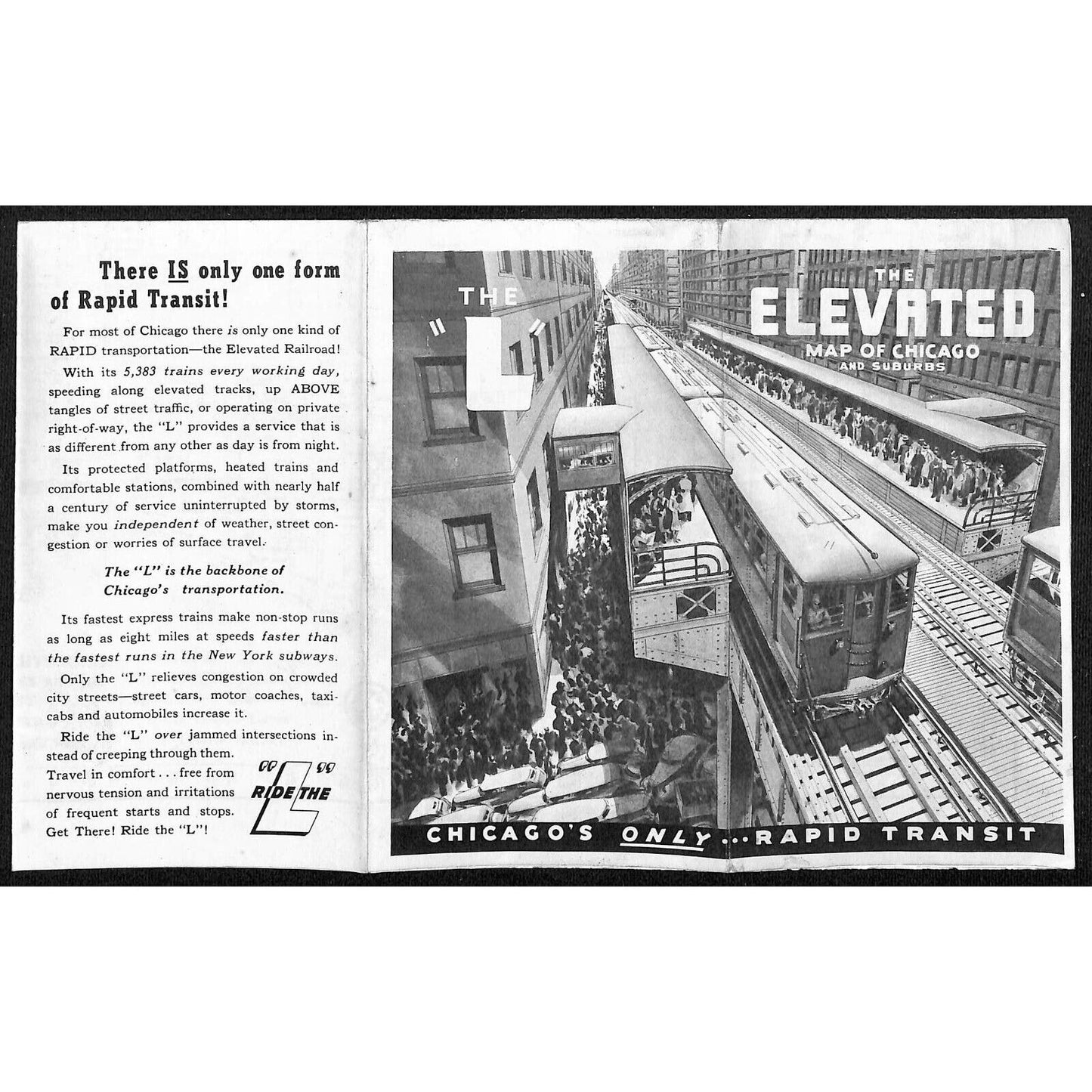 1938 Elevated Map of Chicago Rapid Transit Lines "Ride the L" 13 1/2" x 22" VGC