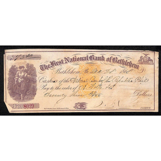 Bethlehem, PA 1868 First National Bank of Bethlehem Check Vignette / Tax Stamp