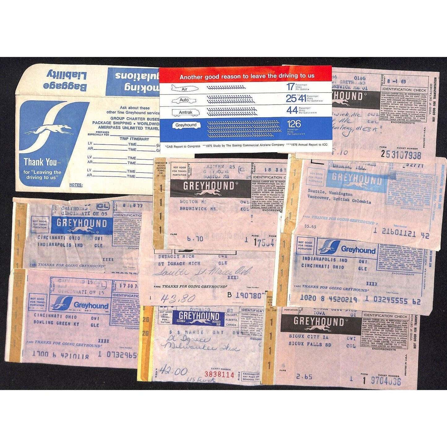 Greyhound Bus Group of 12 Receipts Incl. Env. & 1971 Portland Seattle Schedule