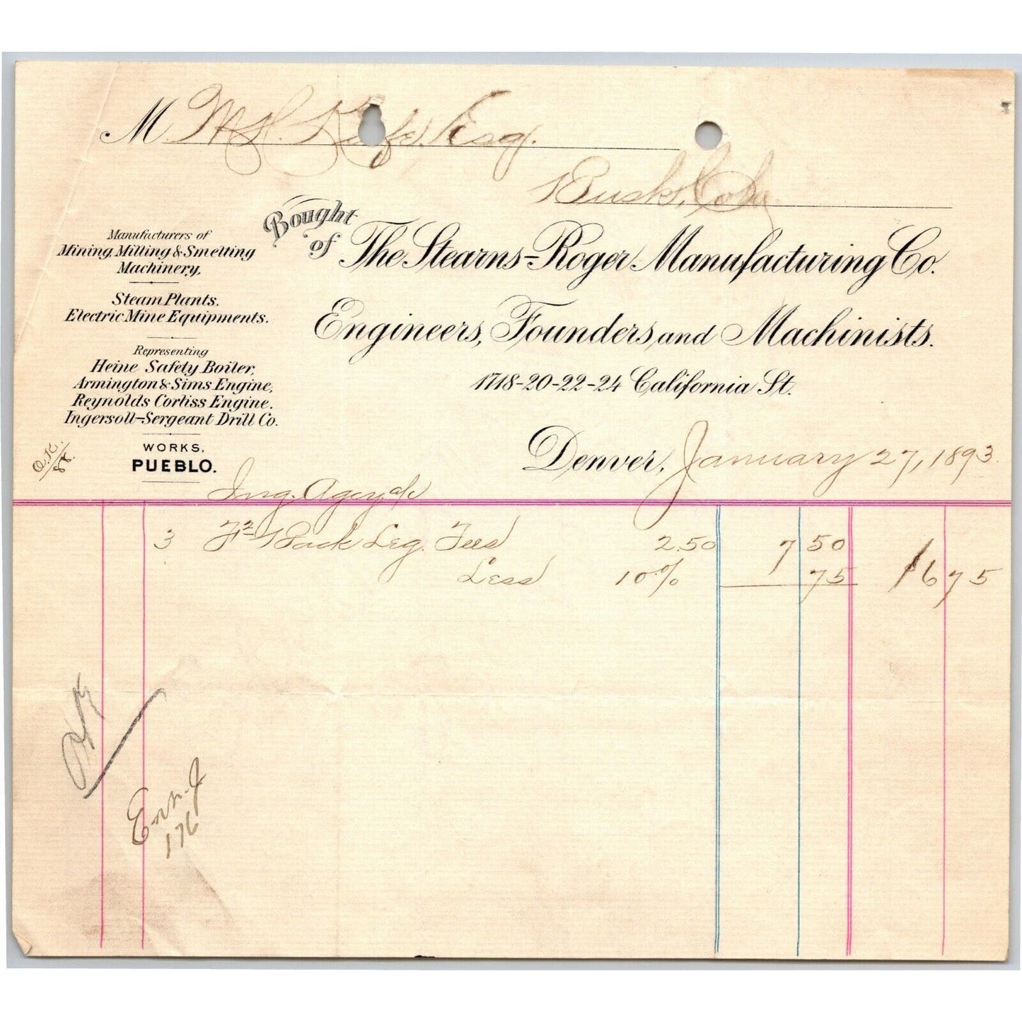 1893 Stearns-Roger Manufacturers Denver Engineers Founders Letterhead M.H. Keefe