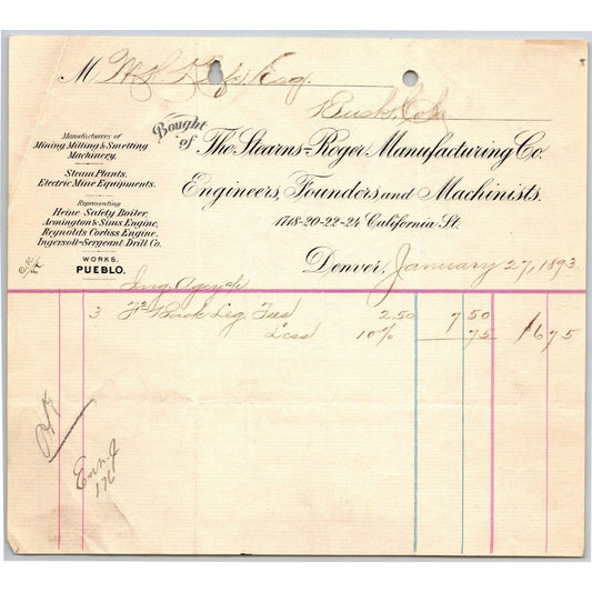 1893 Stearns-Roger Manufacturers Denver Engineers Founders Letterhead M.H. Keefe