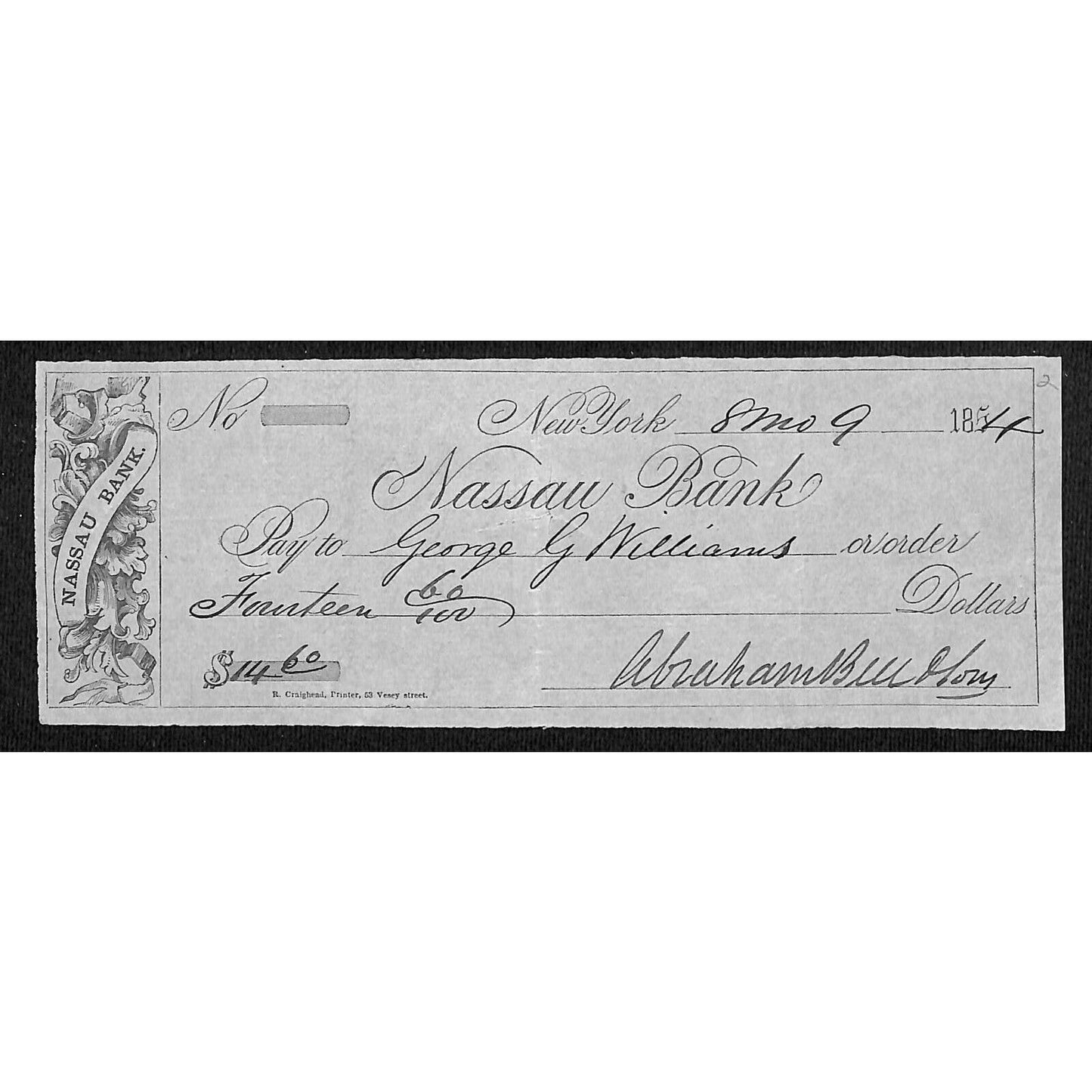 "Nassau Bank" 1854 Bank Check (New York) $14.60 Scarce