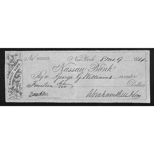 "Nassau Bank" 1854 Bank Check (New York) $14.60 Scarce