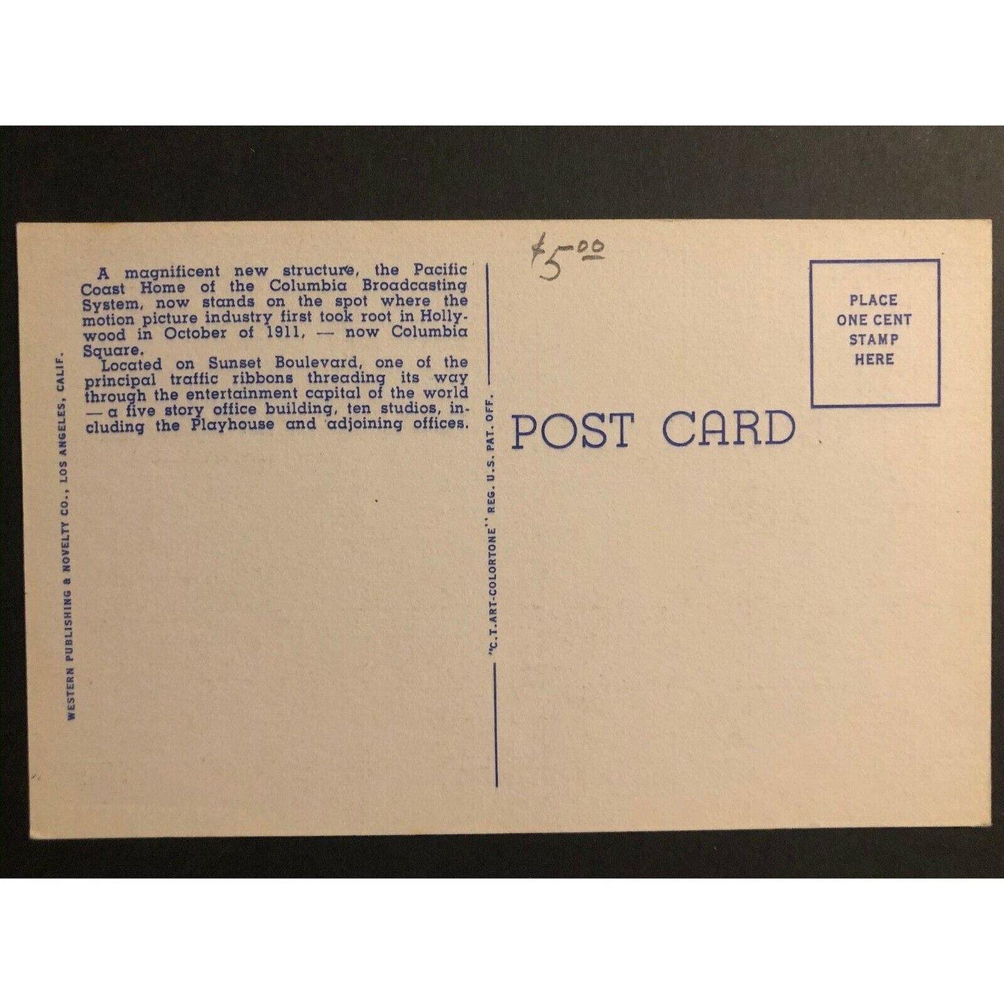 Vintage Linen Postcard - KNX CBS Columbia Square - Hollywood, CA