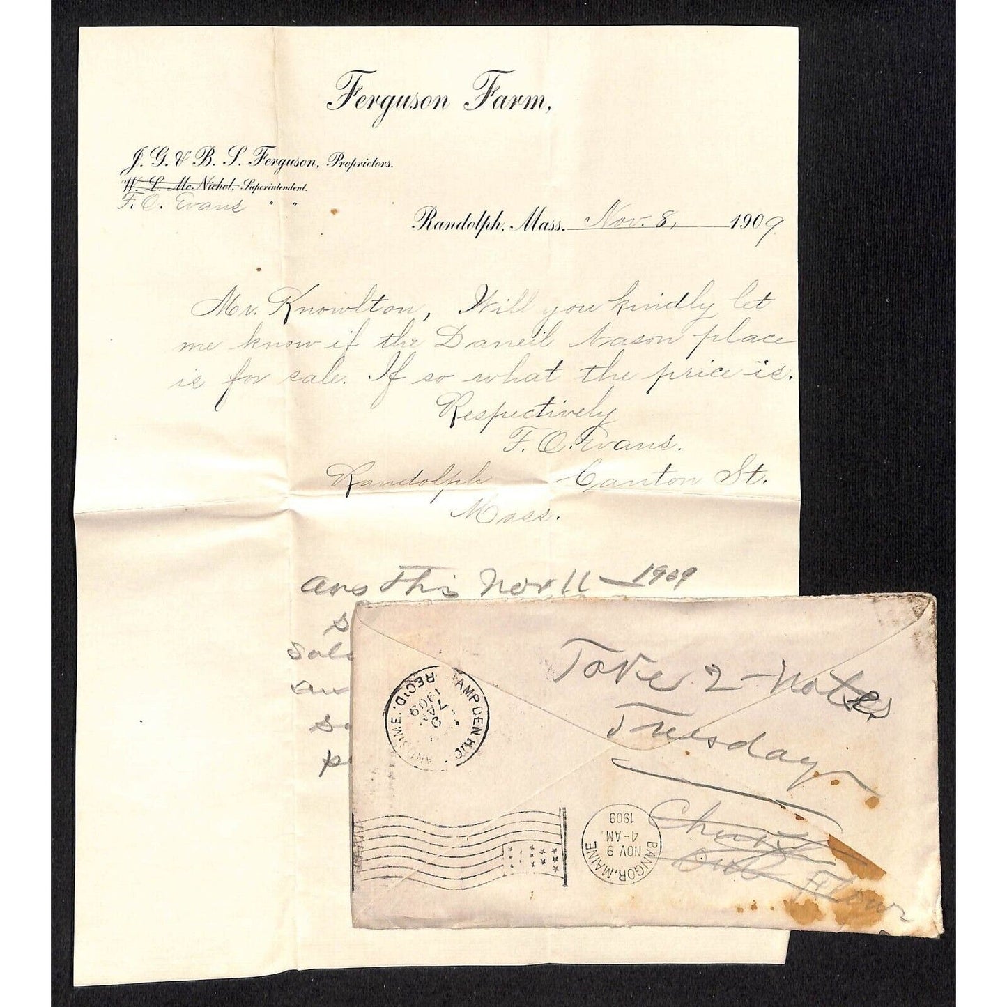 Newburgh, ME Amos W. Knowlton* 1909 Randolph, MA Ferguson Farms Letterhead