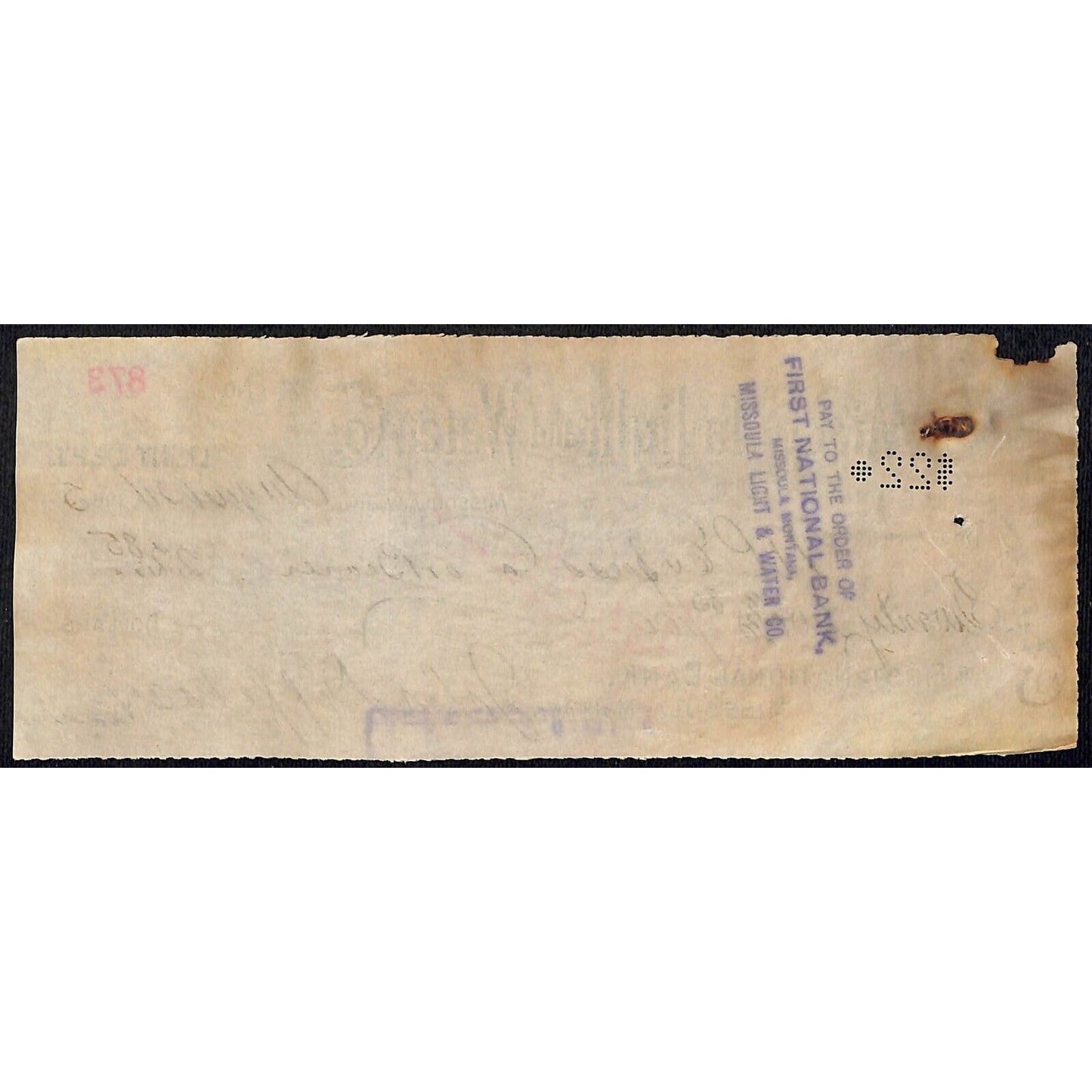 Missoula Light and Water Co.1905 Bank Check Clouds w/ Radiant Lines Vignette