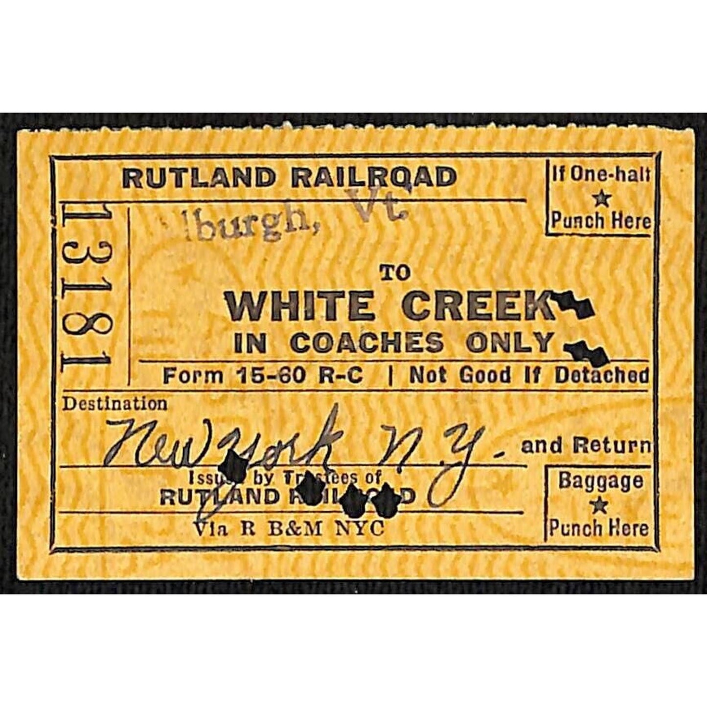 Rutland Railroad Ticket / Stub White Creek Alburgh, VT NY,NY 1953 #13181