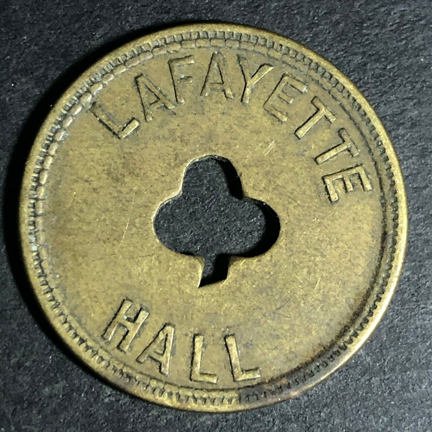24.5mm Brass Lafayette Hall (Saloon Sacramento, CA) Token Clover Shamrock (#50)