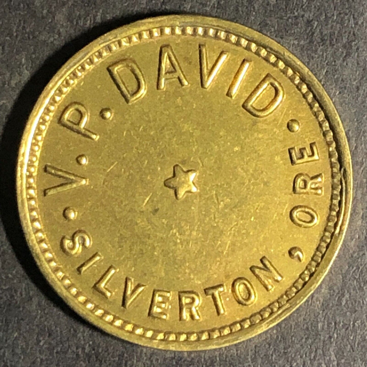 V.P. David -- Silverton, ORE Brass "For Amusement Only" Trade Token 20mm