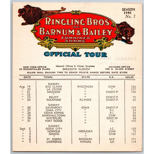1946 Ringling Bros Barnum Bailey Circus Route Card Madison Rockford Omaha