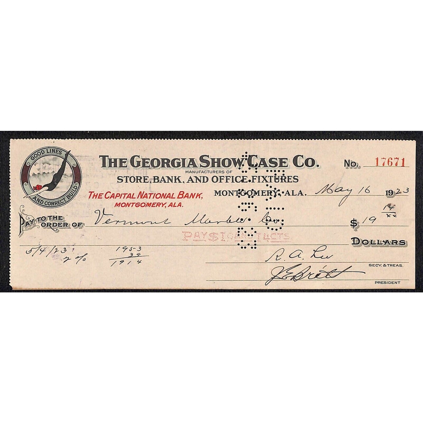 Montgomery, ALA. "The Georgia Show Case Co." Bank Store Fixtures 1923 Check