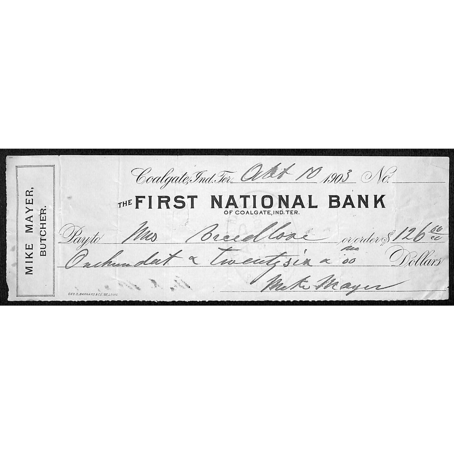 Coalgate, OK 1903 Indian Territory "Mike Mayer - Butcher" FNB Check - Scarce