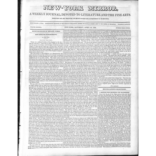 New-York Mirror Weekly Journal Literature Fine Arts Newspaper 4/20/1839