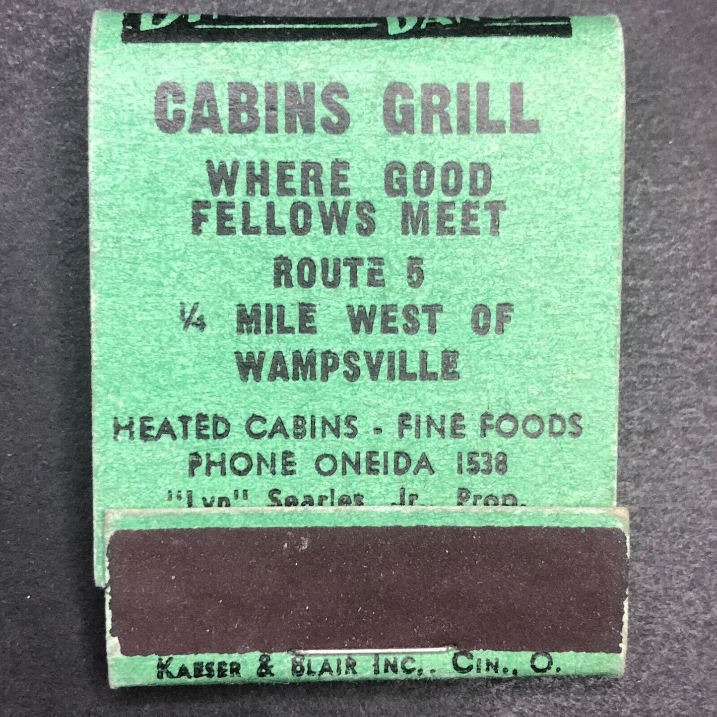 Wampsville / Oneida NY Cabins Grill Restaurant Full Matchbook c1940s-50's Scarce