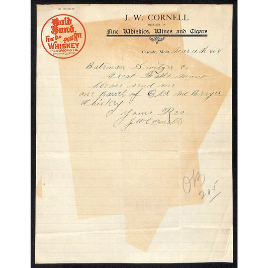 Cascade, MT J.W. Cornell Gold Bond Whiskey Wines 1908 Letterhead Bateman Switzer