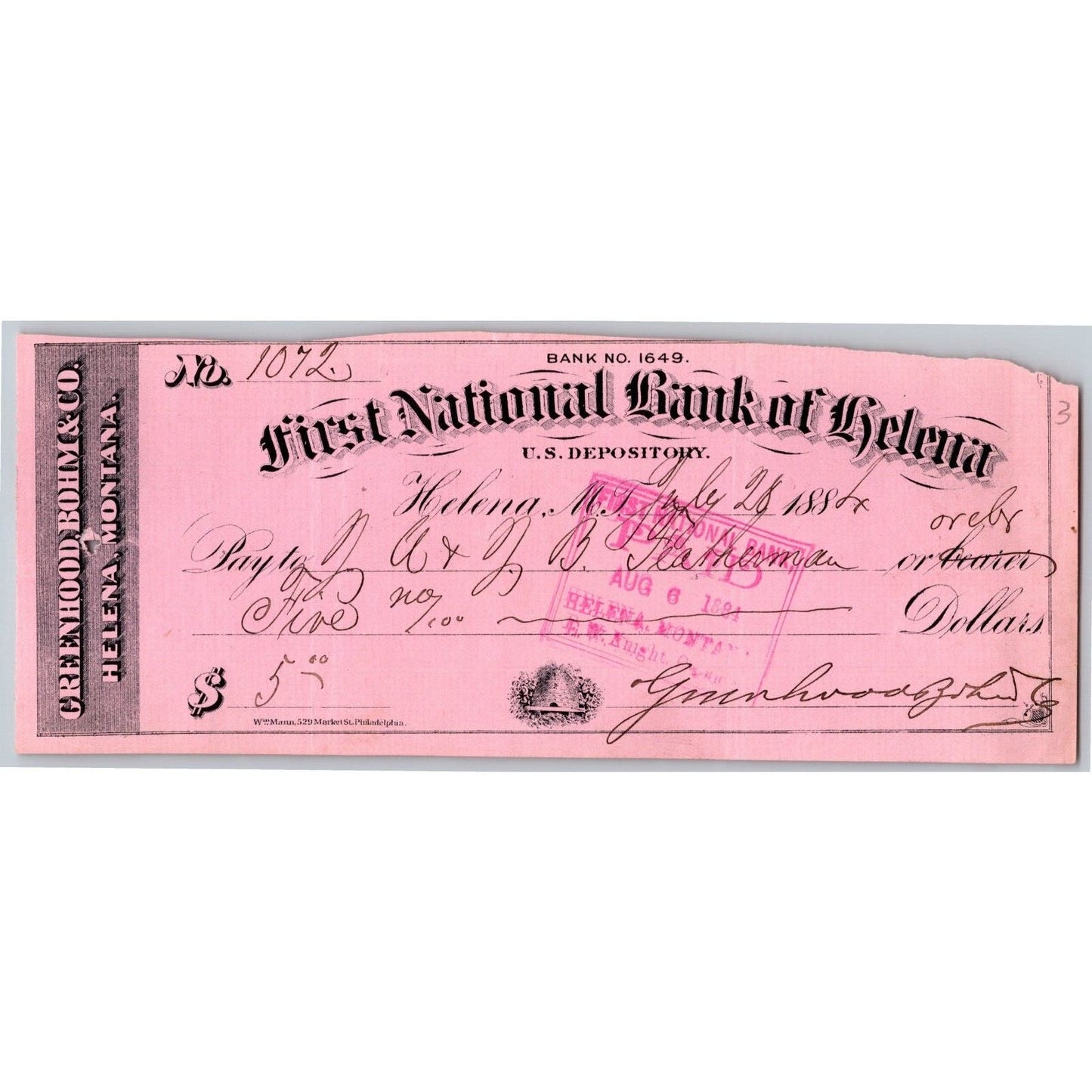 Helena Montana First National Bank Check 1884 Greenhood, Bohm & Co.