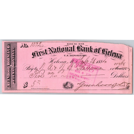 Helena Montana First National Bank Check 1884 Greenhood, Bohm & Co.
