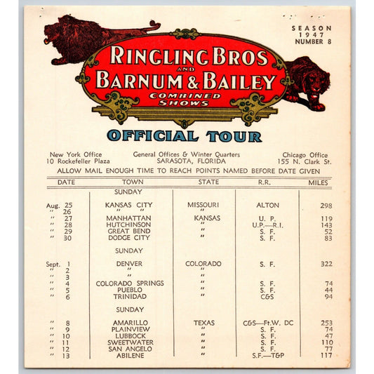 1947 Ringling Bros Barnum Bailey Circus Route Card Kansas City Denver Great Bend
