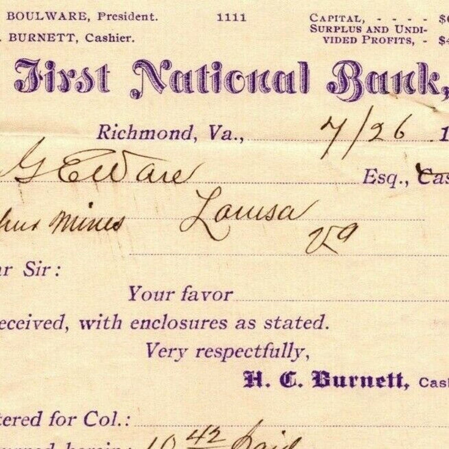 First National Bank Laid Paper Letterhead Richmond, VA to Geo. E. Wear c1895