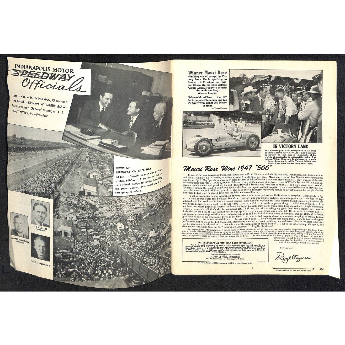 1947 Indy 500 Floyd Clymer's Indianapolis Race History IMS 55pp. VGC