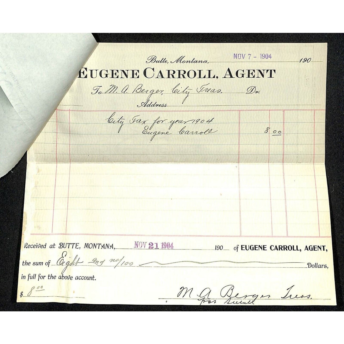 1904 Butte, MT Eugene Carroll - Silver Bow Tax Receipt