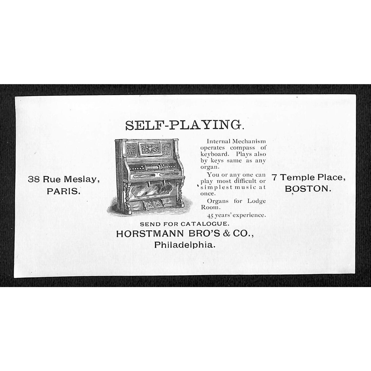 Boston c1891 Horstmann Bros. / E.C. Phillips Regalias and Piano Flyer VGC