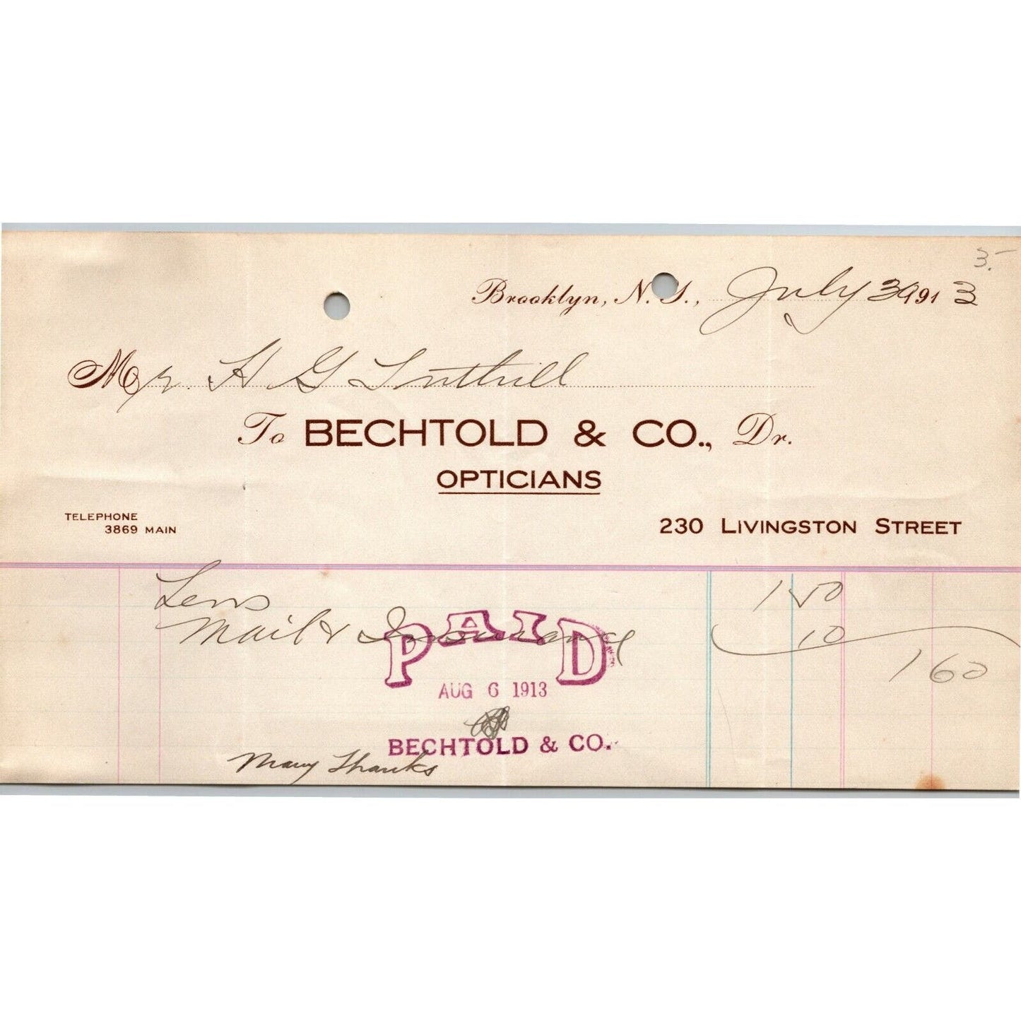 Brooklyn, NY 1913 Letterhead / Billhead - Bechtold & Co Opticians Livingston St.